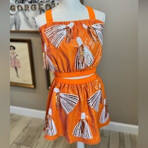 New! Rare! QUEEN OF SPARKLES Orange and White Pom Pom Sequin Top and Skirt Set